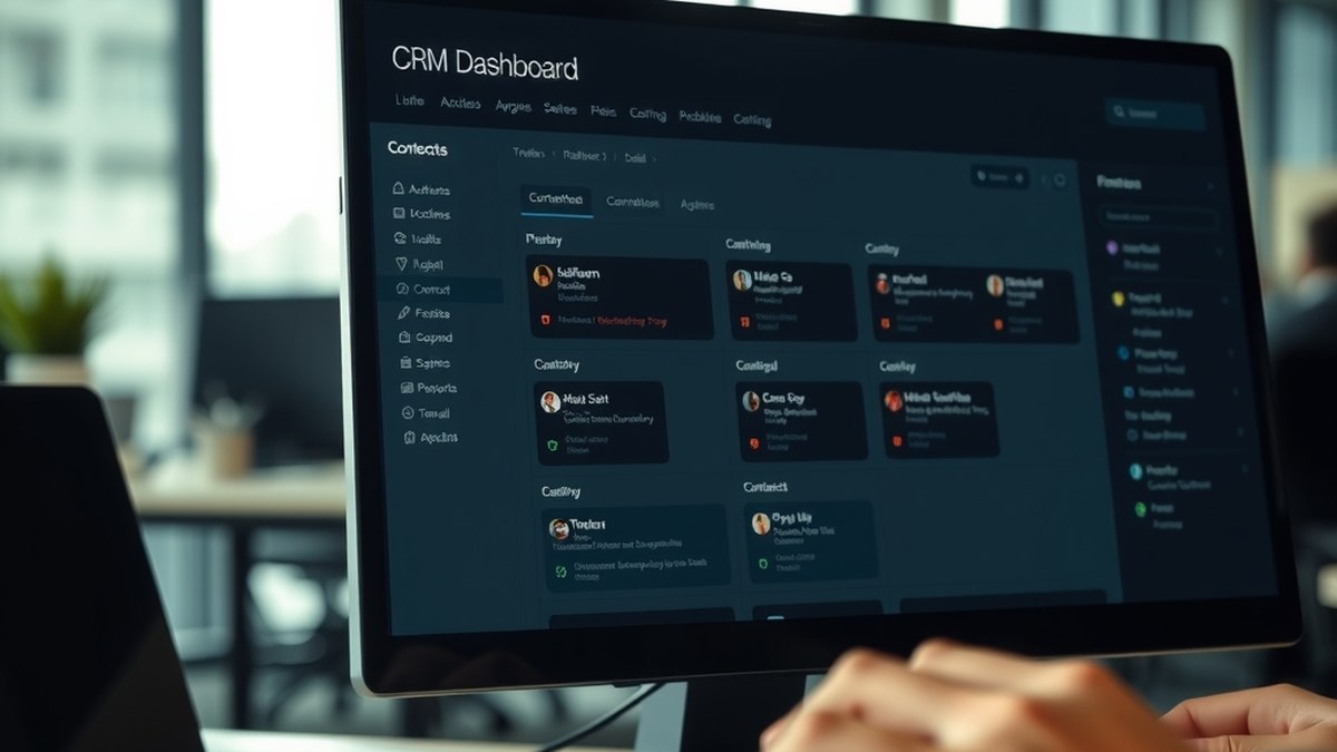 Écran d'ordinateur affichant un tableau de bord CRM avec des listes de contacts et un pipeline commercial, dans un bureau d'entreprise