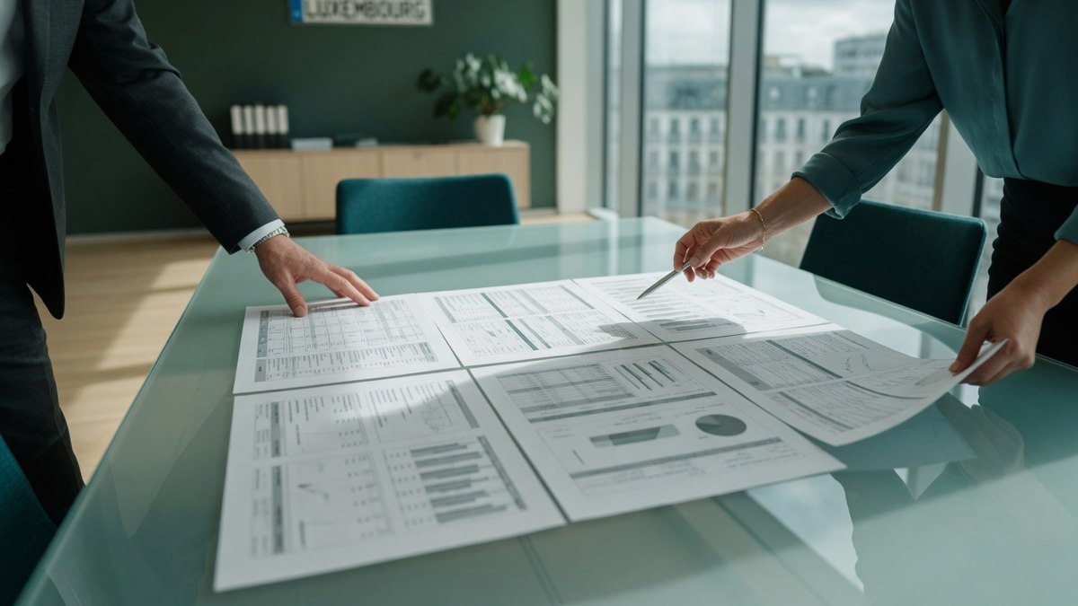 Un dirigeant de PME et une consultante examinent un plan d'action imprimé sur une table de réunion, dans un bureau lumineux au Luxembourg