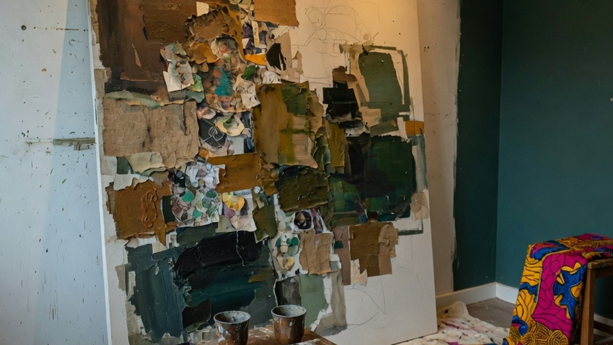 Atelier de peintre avec toiles de portraits, allumettes carbonisées disposées en motif et pinceaux sur une table de travail