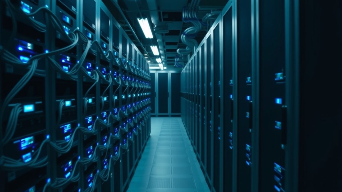 Rangées de serveurs informatiques dans une salle de données d'entreprise, lumières bleues sur les baies, aucune personne visible.