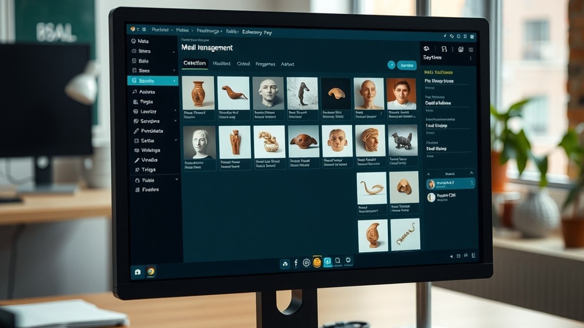 Vue rapprochée d'un écran affichant une interface numérique de gestion de collections, dans un bureau moderne